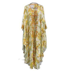 Yellow Georgette Embellished Kaftan Cape One Size Chiffon Sequin Embroidered 59”